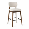 Sgabello da bar con schienale imbottito seduta in tessuto gambe in legno massello e poggiapiedi in metallo 45 x 50 x 95 cm colore beige legno naturale