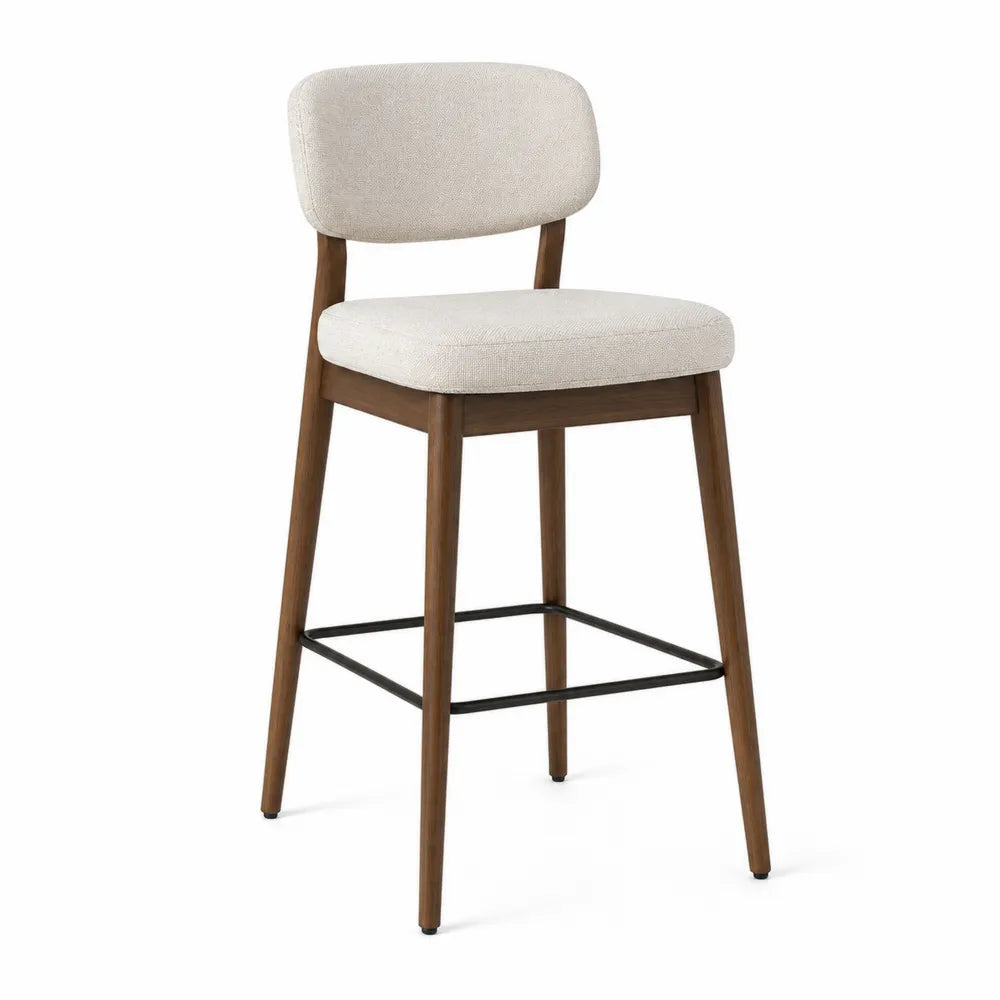 Sgabello da bar con schienale imbottito seduta in tessuto gambe in legno massello e poggiapiedi in metallo 45 x 50 x 95 cm colore beige legno naturale