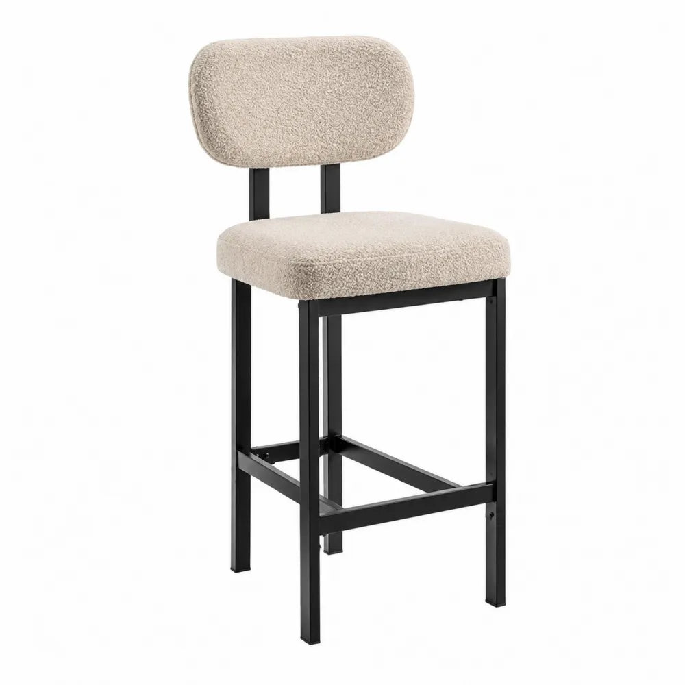 Sgabello da bar imbottito 45 x 50 x 95 cm in acciaio verniciato nero con rivestimento in tessuto bouclé beige e schienale con poggiapiedi