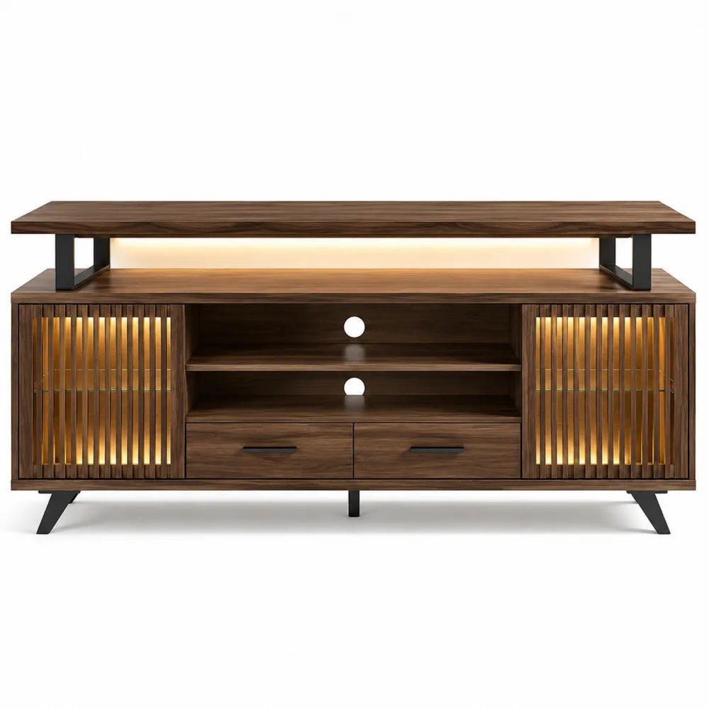 Mobile TV 200 cm x 45 cm x 65 cm con illuminazione LED struttura in legno ingegnerizzato finitura noce scuro e metallo nero colore noce scuro nero