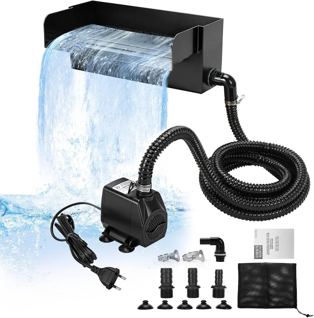 Pompa per laghetto e pompa filtro e fontana, 3000 L/H, 45 W, per laghetto e fontana, montaggio a parete, 30 cm