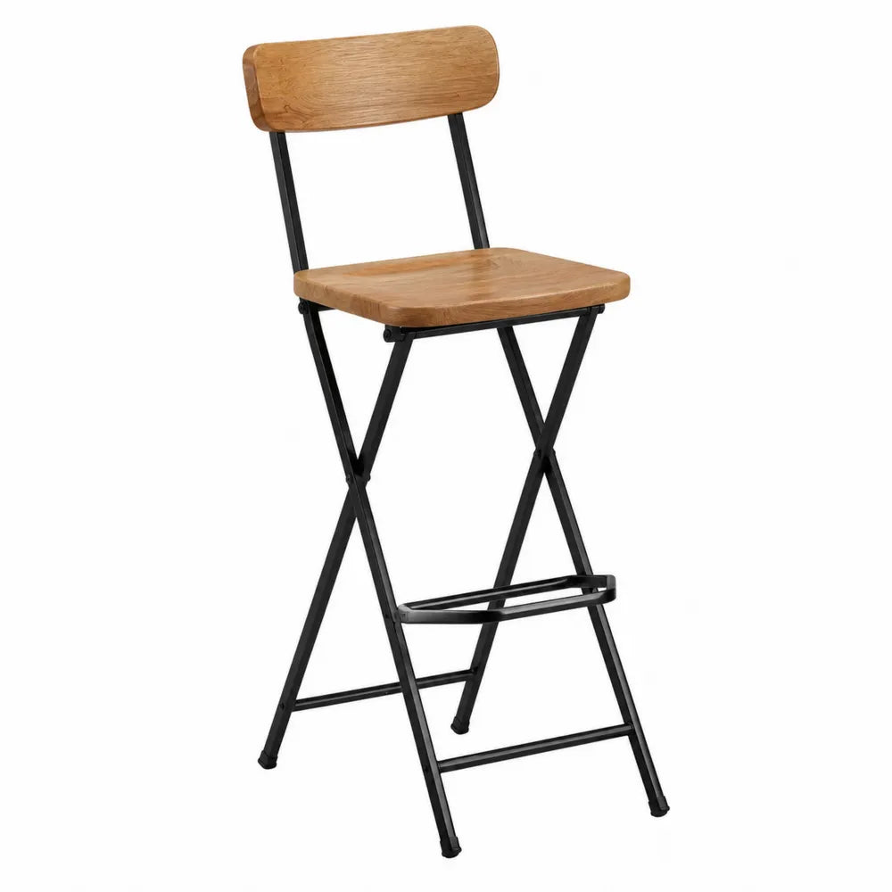 Sgabello da bar pieghevole con schienale e seduta in legno massello struttura in acciaio verniciato nero 45 x 50 x 90 cm colore nero legno naturale