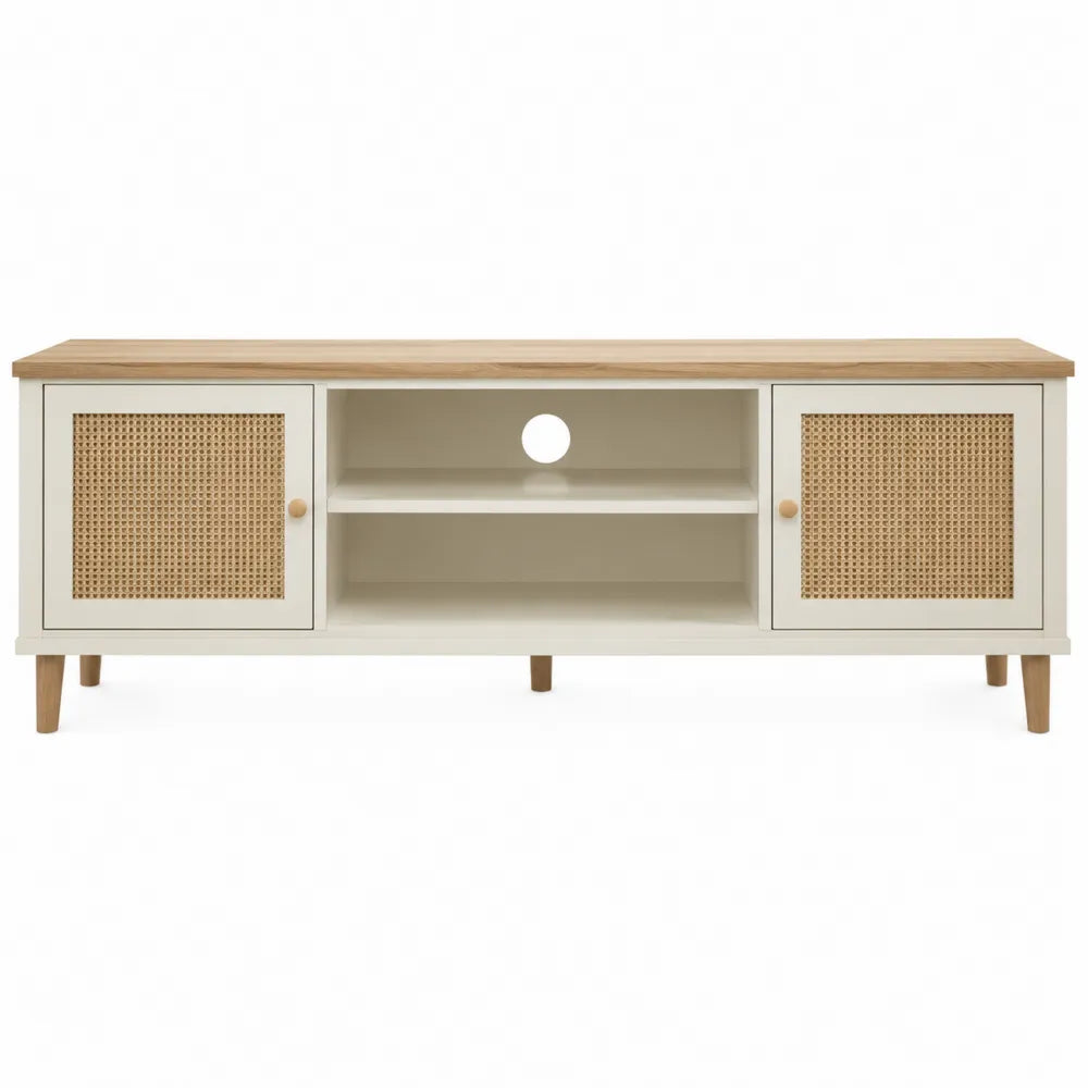 Mobile TV in rattan naturale con struttura in pannelli melaminici effetto rovere e bianco colore bianco rovere rattan naturale dimensioni 160 cm 40 cm 55 cm