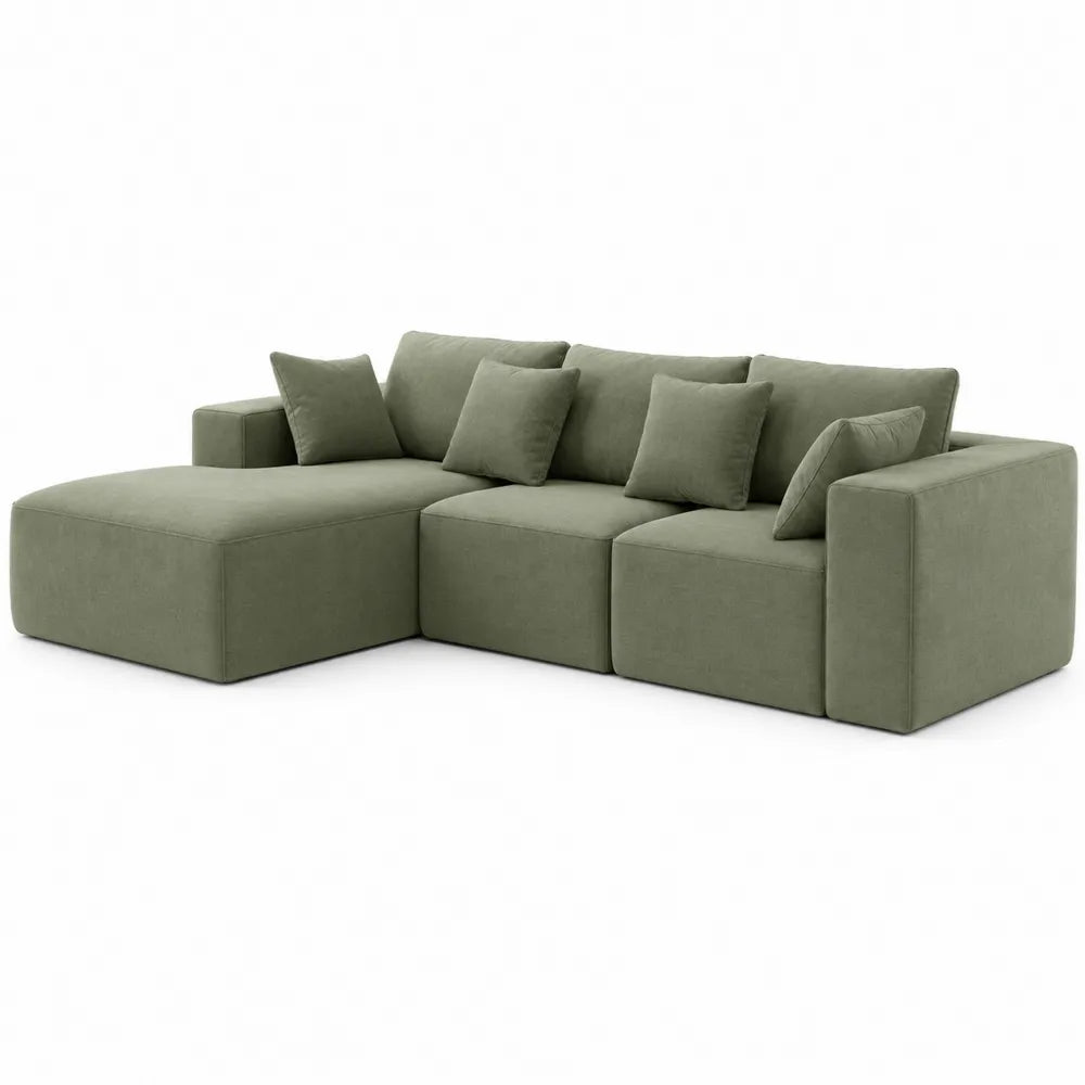 Divano modulare con chaise longue sinistra in tessuto poliestere effetto velluto struttura in legno e schiuma poliuretanica colore verde oliva dimensioni 260 cm 160 cm 85 cm