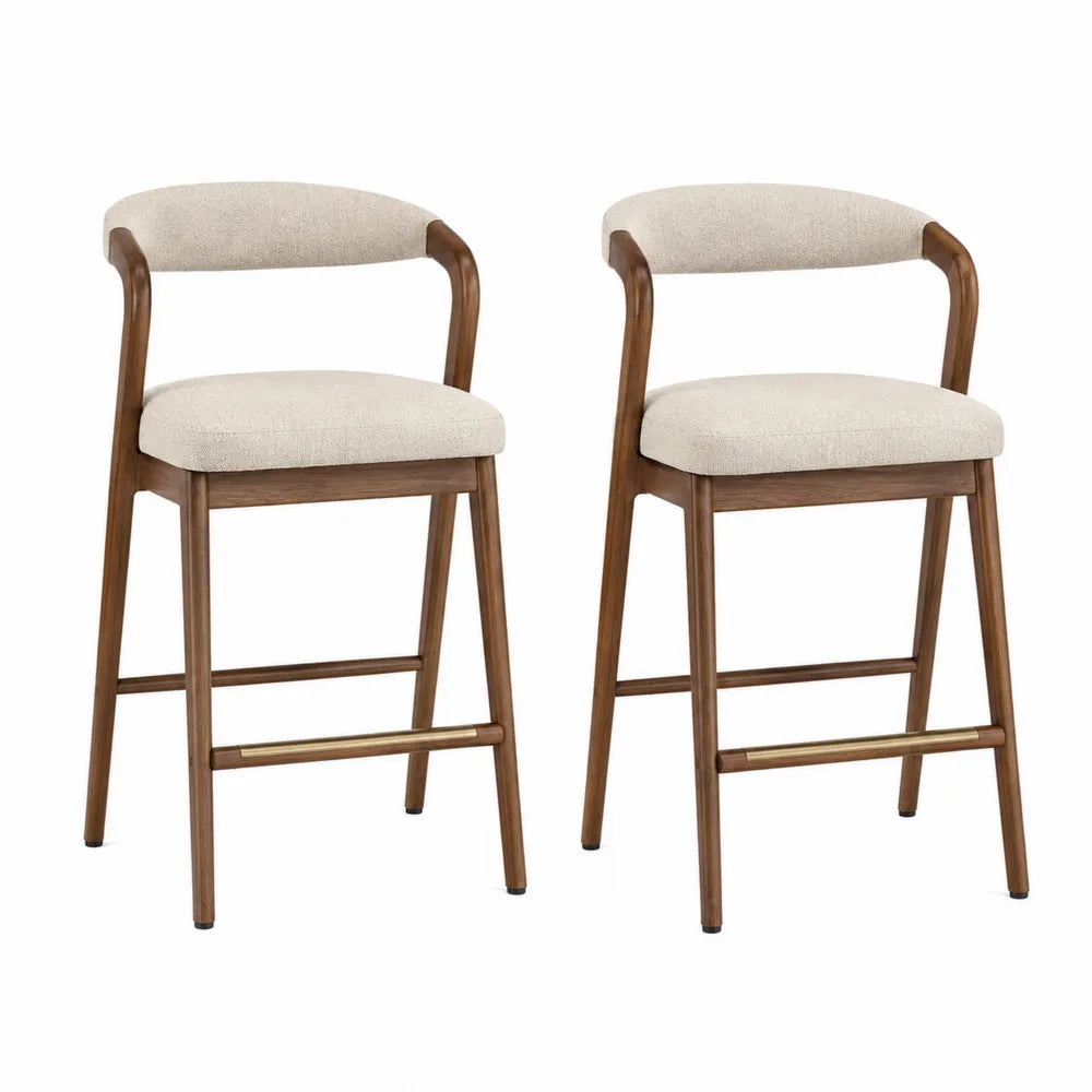 Set 2 sgabelli da bar con schienale in legno curvato seduta imbottita in tessuto e struttura in legno massello con poggiapiedi in metallo 45 x 50 x 95 cm colore legno naturale beige nero ottone