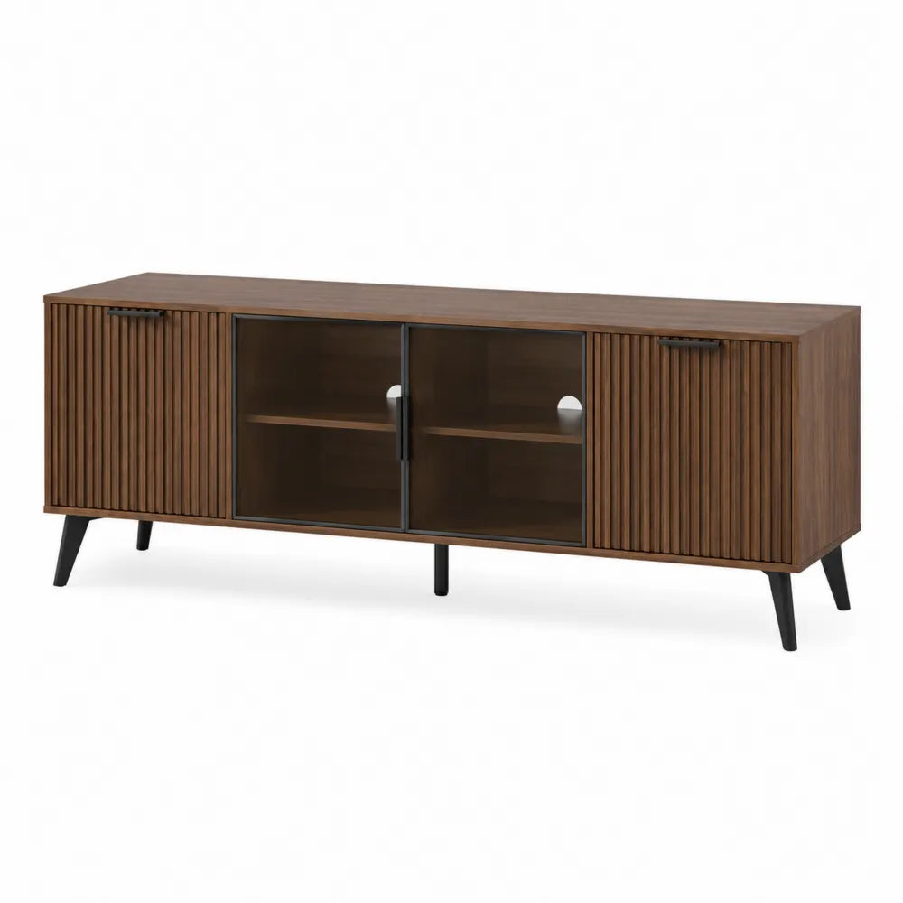 Mobile TV 180 cm in MDF impiallacciato noce ante in vetro temperato struttura con gambe in acciaio nero colore marrone noce nero trasparente