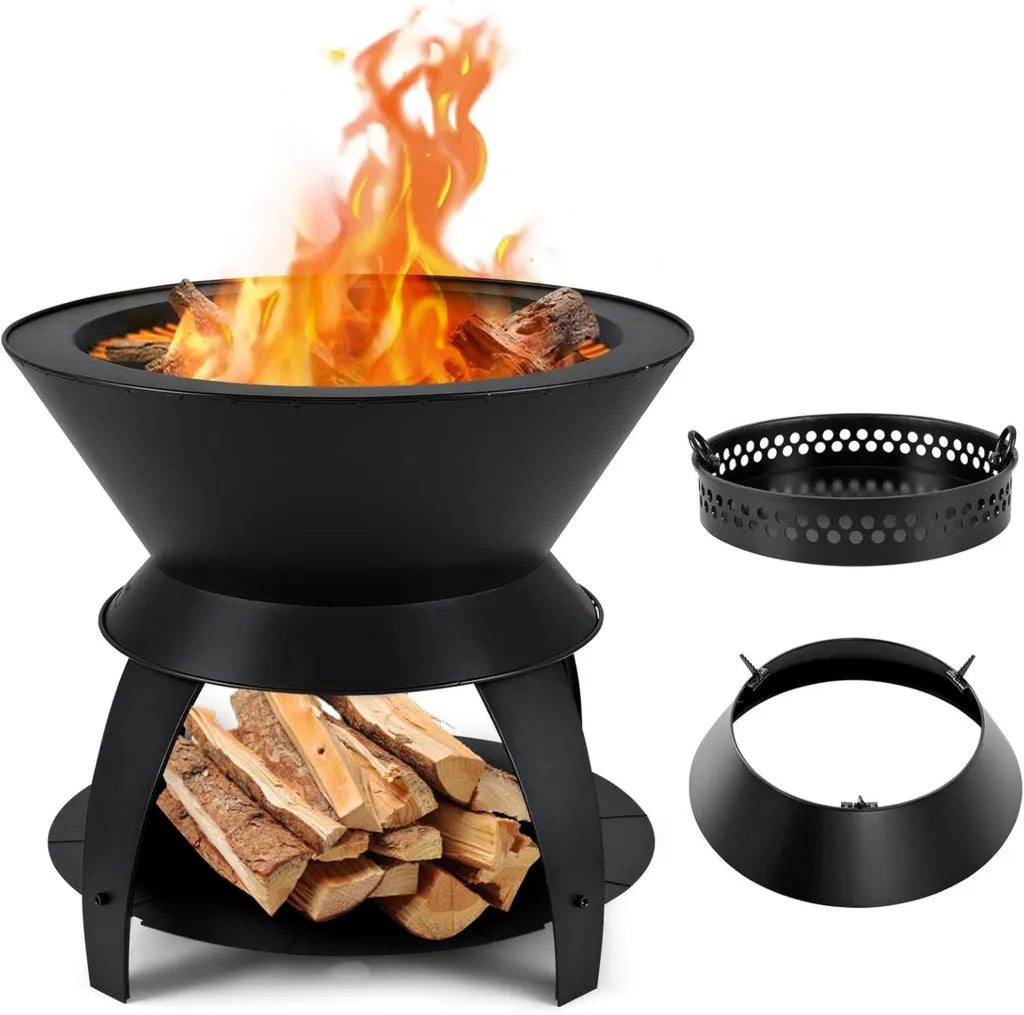 Braciere da Giardino 50 cm senza Fumo, Focolare 3 in 1 con Vassoio Cenere e Supporto Pentola Rimovibile