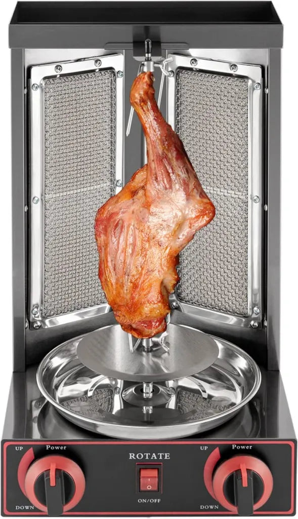 Griglia a gas in acciaio inox 3000W con doppio spiedo per kebab e shawarma