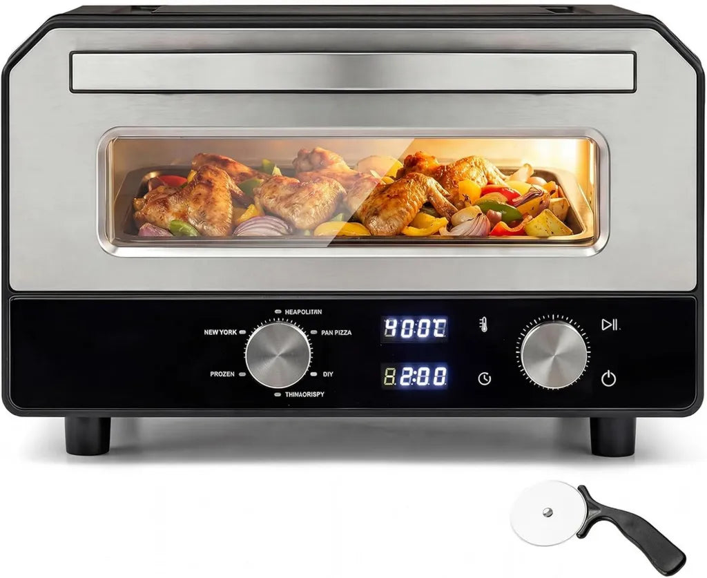 LIFEZEAL Forno per Pizza Elettrico, 6 Programmi, Rapida Cottura in 2 Minuti, Regolazione di Temperatura e Tempo, Include Pietra e Tagliapizza