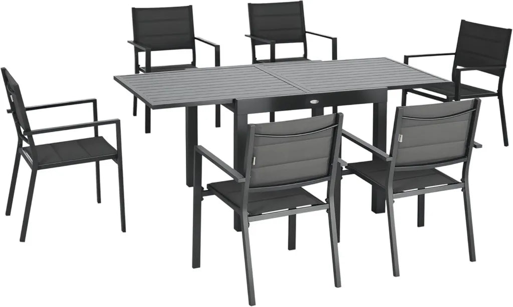 Set Giardino 7 Pezzi in Alluminio con Tavolo Allungabile e Sedie Traspiranti, Grigio