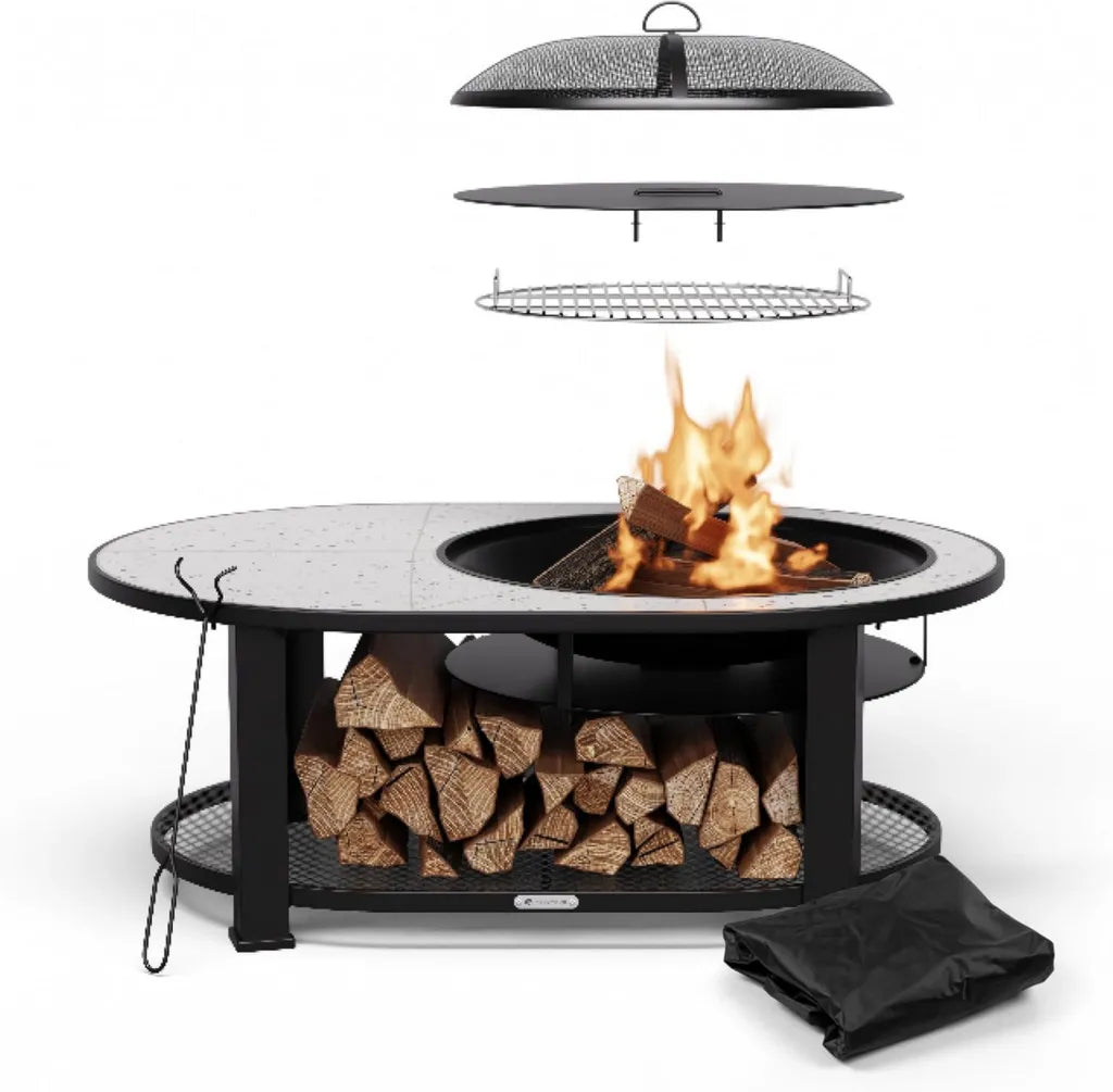 Braciere da Giardino 3-in-1 con Barbecue e Tavolo, Telaio Acciaio, Piano Terrazzo, Accessori Inclusi, 122 cm