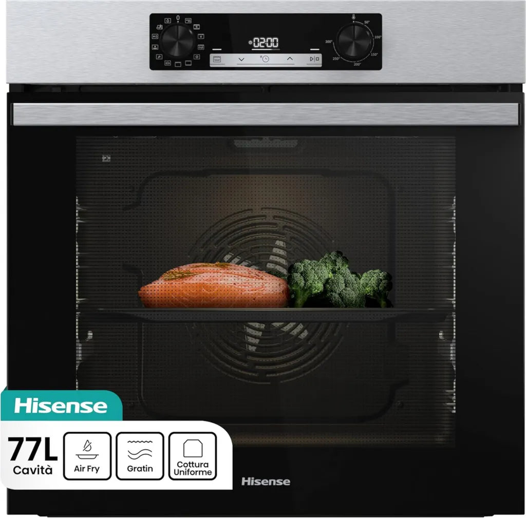 Hisense Forno Incasso 77L Pirolitico, 13 Funzioni, AirFry, Soft Closing, Inox e Vetro