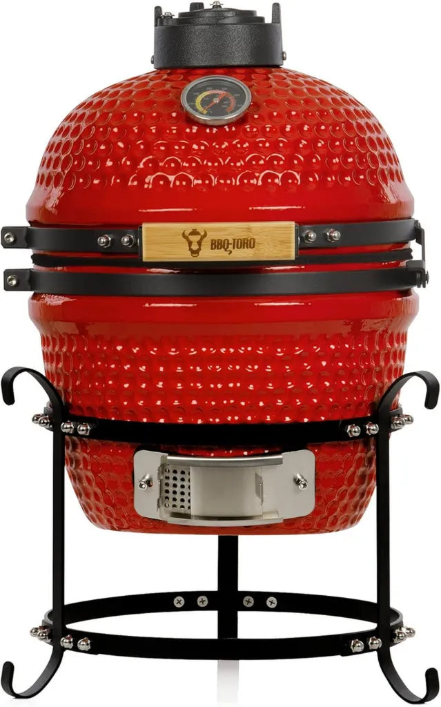 Mini Kamado in Ceramica Ø 32 cm con Termometro e Manico in Legno - Rosso