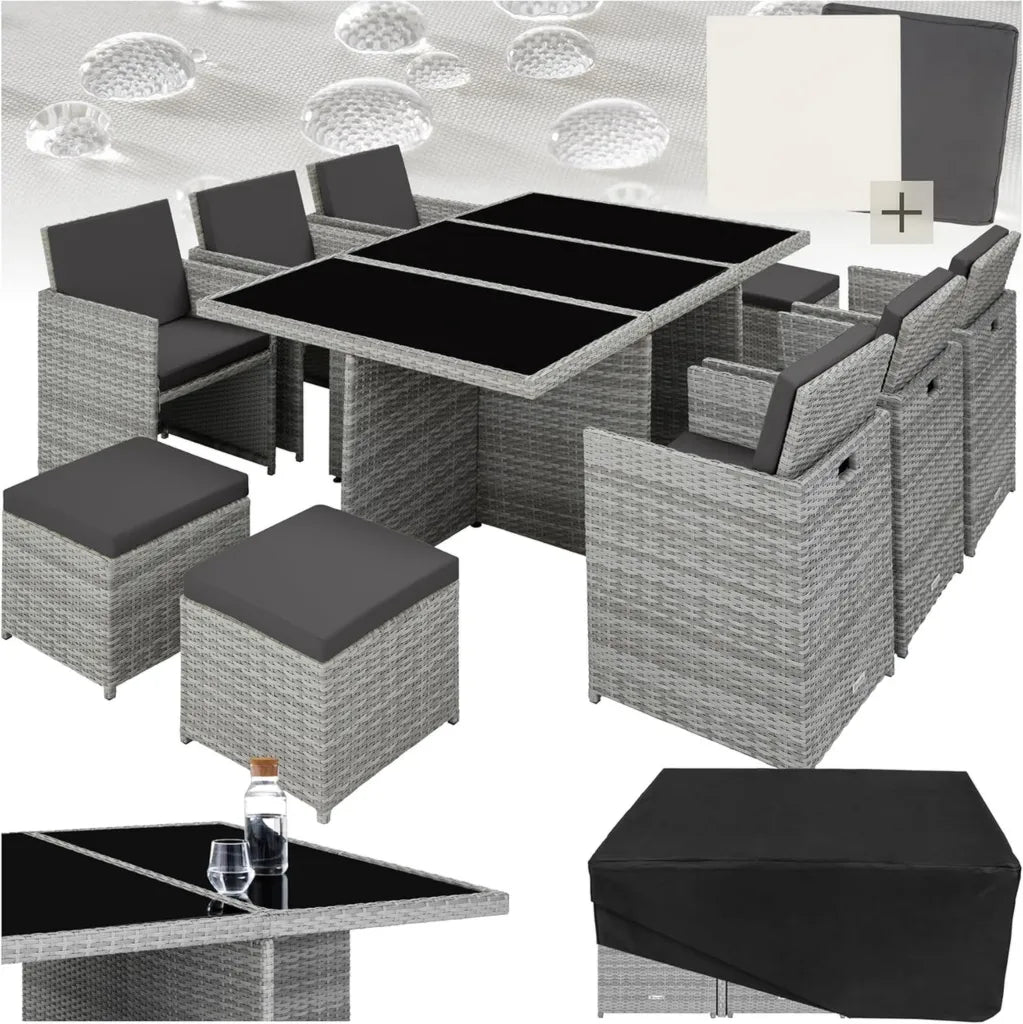 Set Mobili da Giardino in Poli Rattan con 6 Sedie e Tavolo, Grigio Chiaro