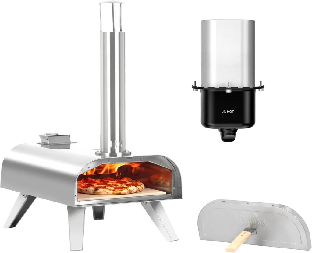 Forno per Pizza Portatile BIGHORN in Acciaio Inossidabile, Compatibile con Granulato e Gas, con Pietra per Pizza e Custodia
