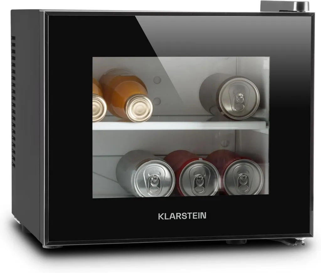 KLARSTEIN Frosty Compact - Mini Frigo Ultracompatto con Led, 10L, Classe A, Porta Doppio Vetro, Nero