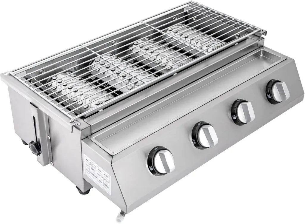 Griglia a Gas in Acciaio Inox con 4 Bruciatori Indipendenti, Altezza Regolabile, Riscaldamento Rapido, Senza Fumo, Ideale per Balcone e Terrazza
