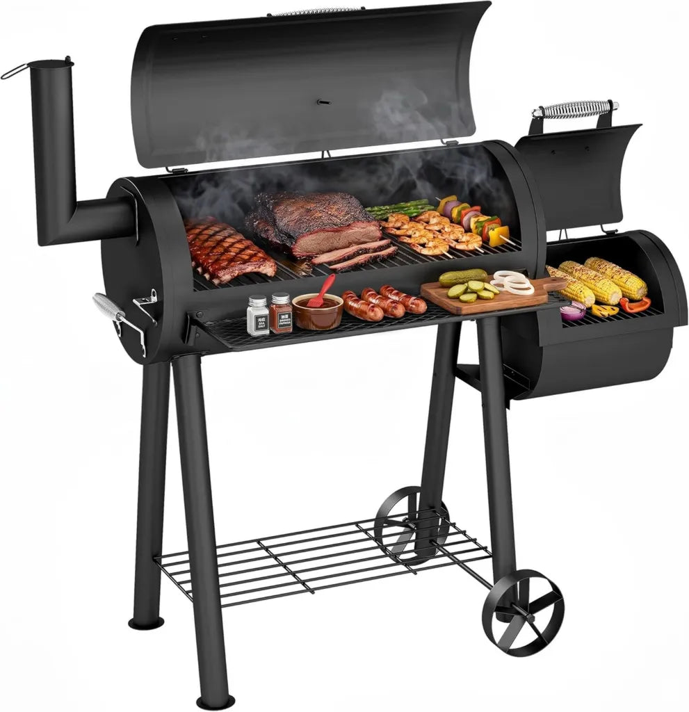 Griglia per Barbecue in Legno e Carbone con Affumicatore, Resistente, 512 mq