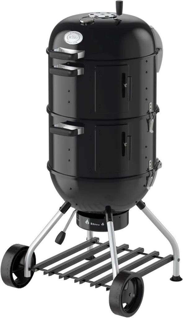 RÖSLE Smoker No.1 F50-S, barbecue a carbone con anelli affumicatura, mini griglia a bollitore, 50 cm, acciaio nero con termometro e contenitore acqua