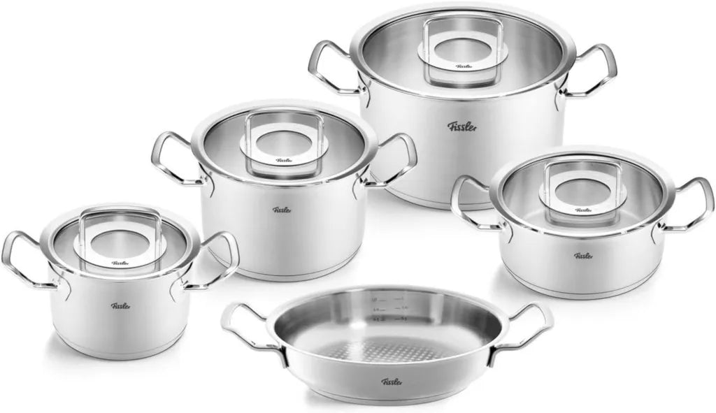 Set di pentole Fissler Profi in acciaio inox, 5 pezzi, con coperchi in vetro, compatibili con induzione