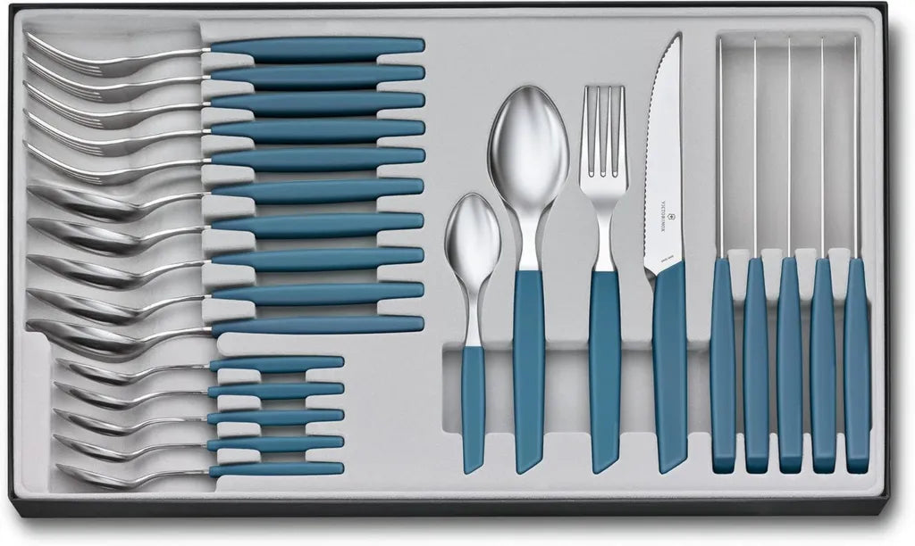 Set Posate Victorinox Swiss Modern 24 Pezzi, Coltelli da Tavola con Lame Ondulate, Manici Sintetici Blu