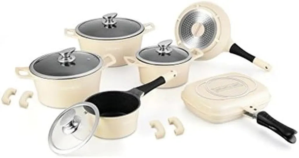 Set Pentole Royalty Line 15 Pezzi con Rivestimento in Marmo Beige per Induzione, Inclusi Coperchi in Vetro e Padella Doppia Grill 28 cm