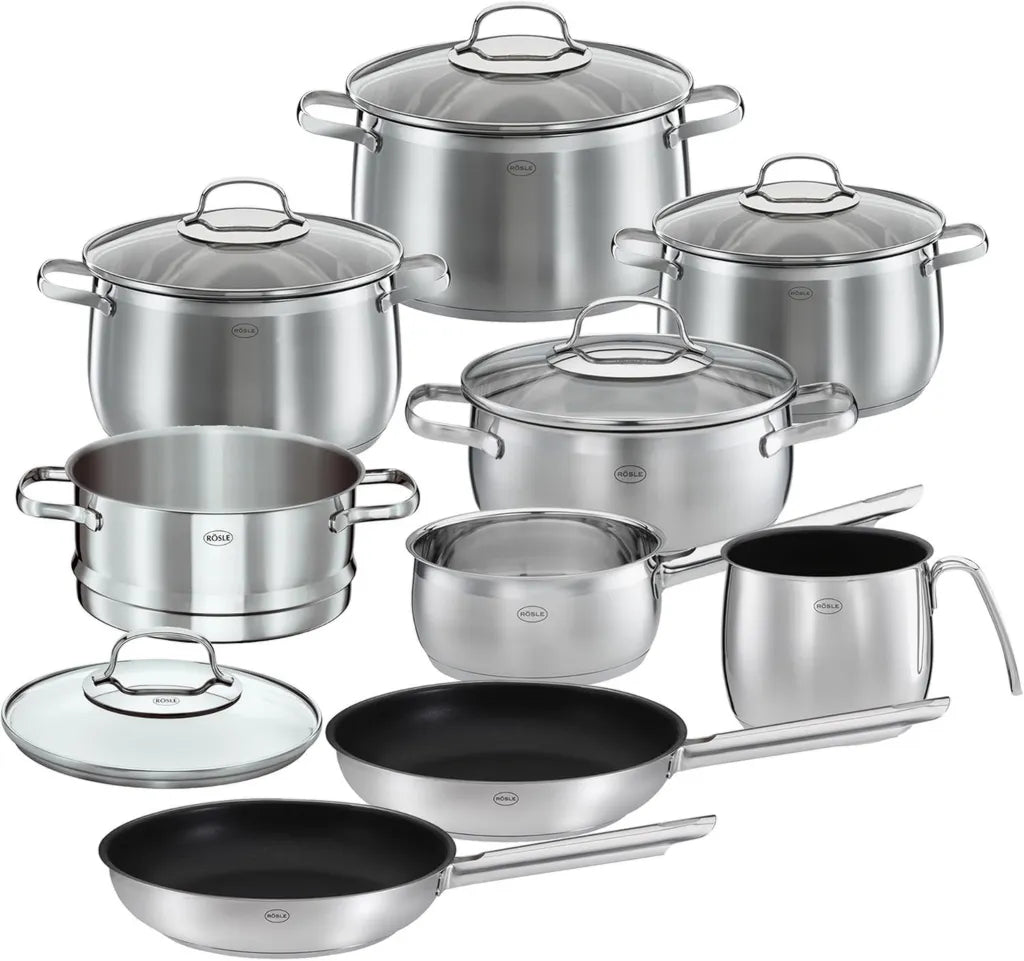 RÖSLE GLOBE Set da Cucina in Acciaio Inox, 10 Pezzi con Coperchi in Vetro
