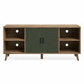 Mobile TV in legno effetto rovere con ante centrali verdi a doghe e vani laterali aperti dimensioni 160 cm 40 cm 55 cm