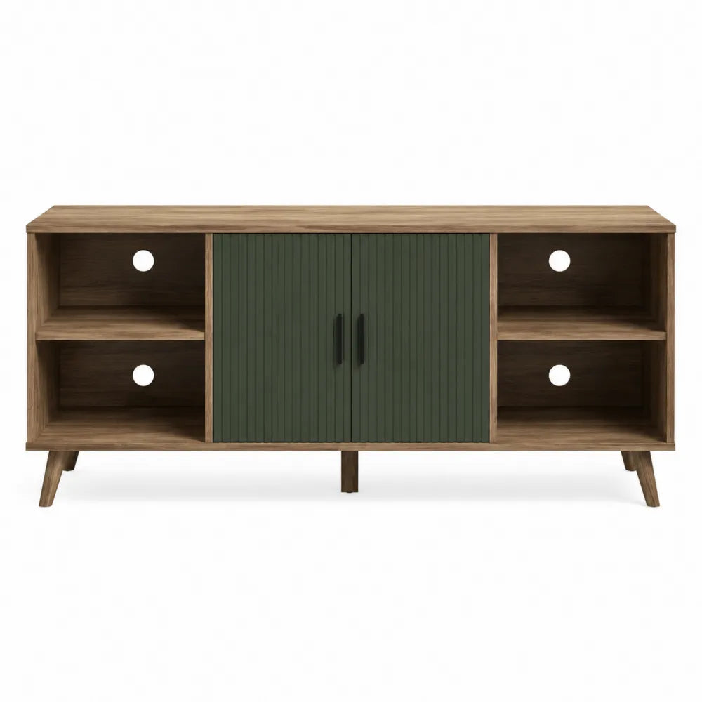 Mobile TV in legno effetto rovere con ante centrali verdi a doghe e vani laterali aperti dimensioni 160 cm 40 cm 55 cm