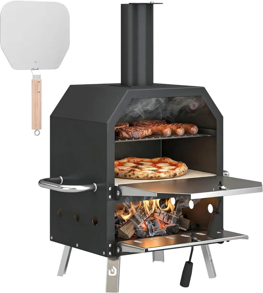 Forno a Legna da Esterno in Acciaio Inox a Due Livelli con Pietra e Pala Portatile