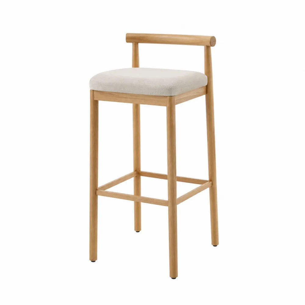 Sgabello da bar 45 x 48 x 95 cm in legno naturale con seduta imbottita in tessuto beige e schienale in legno