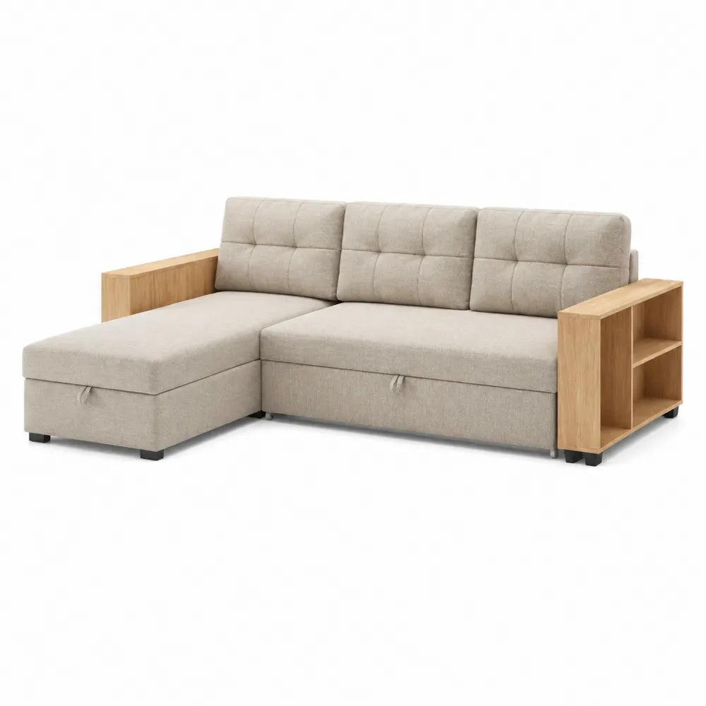 Divano angolare a L con chaise longue sinistra in tessuto poliestere beige con contenitori e bracciolo con ripiani in legno dimensioni 250 cm 160 cm 85 cm