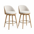 Set 2 sgabelli da bar con schienale in legno curvato seduta imbottita in tessuto bouclé struttura in legno massello e poggiapiedi in metallo 45 x 50 x 95 cm colore legno naturale beige oro