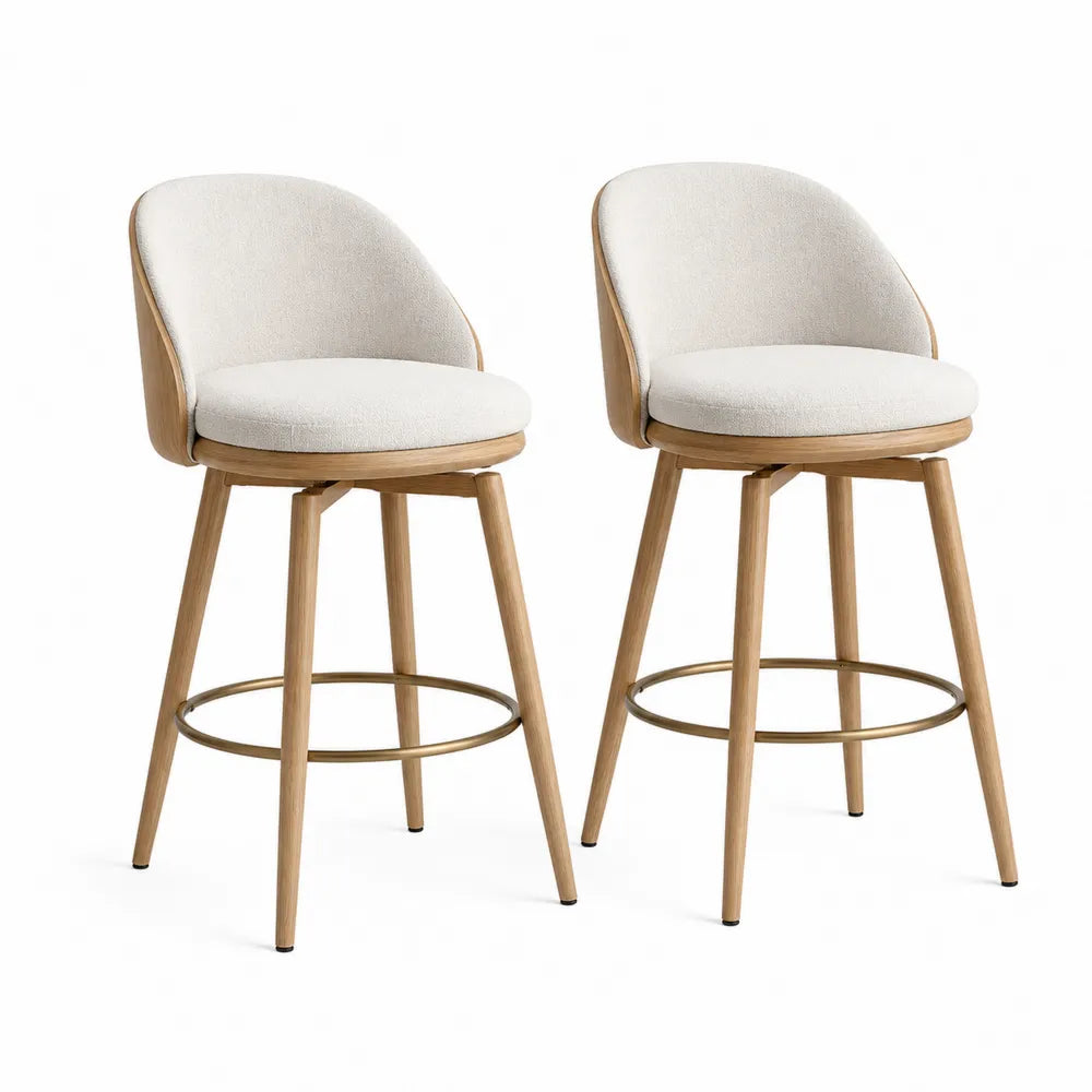 Set 2 sgabelli da bar con schienale in legno curvato seduta imbottita in tessuto bouclé struttura in legno massello e poggiapiedi in metallo 45 x 50 x 95 cm colore legno naturale beige oro