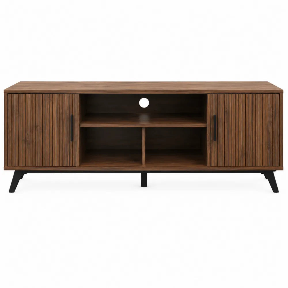Mobile TV 160 cm x 40 cm x 55 cm in legno effetto rovere naturale con ante a doghe e struttura in metallo nero ripiani aperti