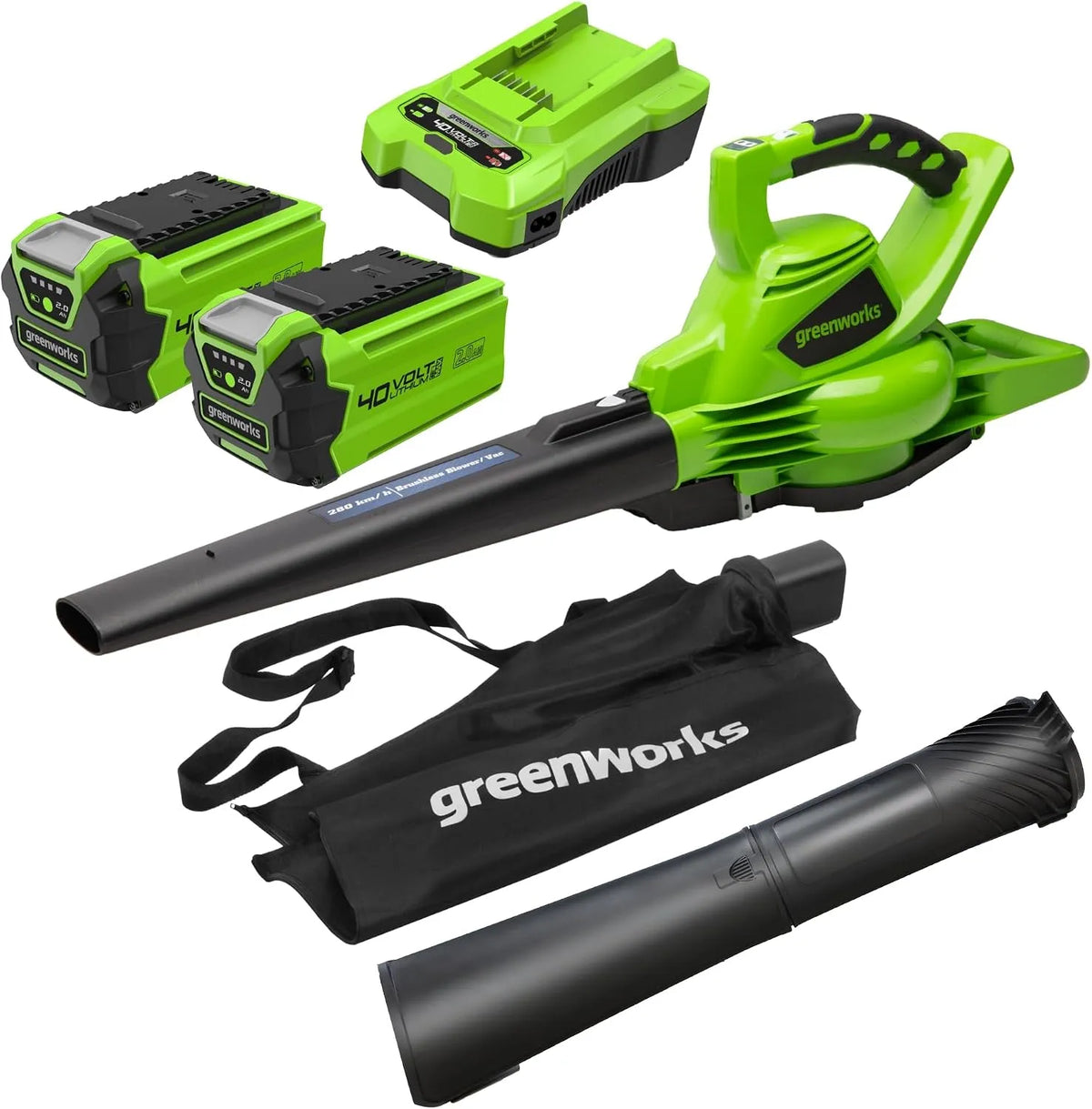 Greenworks 40V GD40BVK2X Soffiatore per foglie, a batteria, motore brushless, 63m, 45L, 2Ah