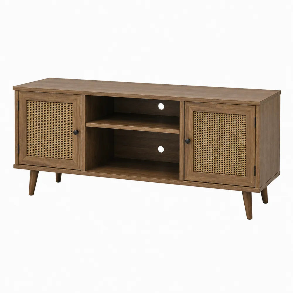 Mobile TV in legno naturale con ante in rattan e ripiani aperti struttura MDF dimensioni 160 x 40 x 55 cm colore legno naturale