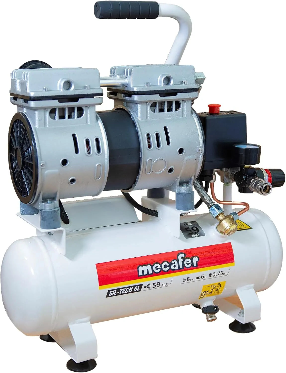 Compressore d'aria: funzionamento silenzioso, 59 dB, 6L, 8 bar, 75HP