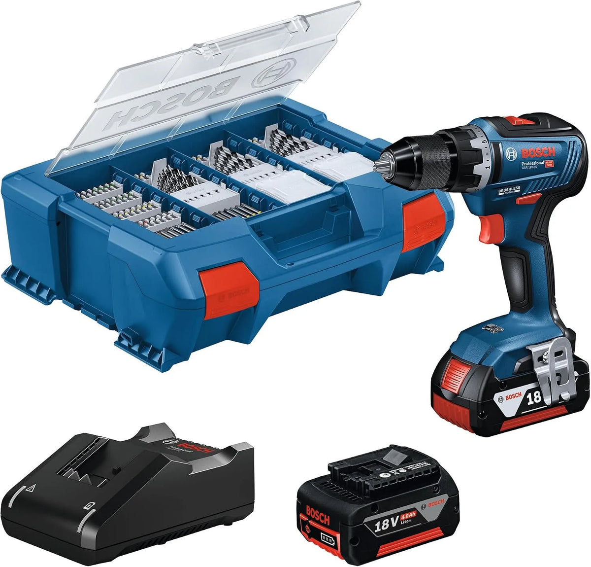 Bosch Trapano avvitatore e trapano elettrico – GSR, a batteria, uso professionale, 18V, 55 Nm, 4.0Ah