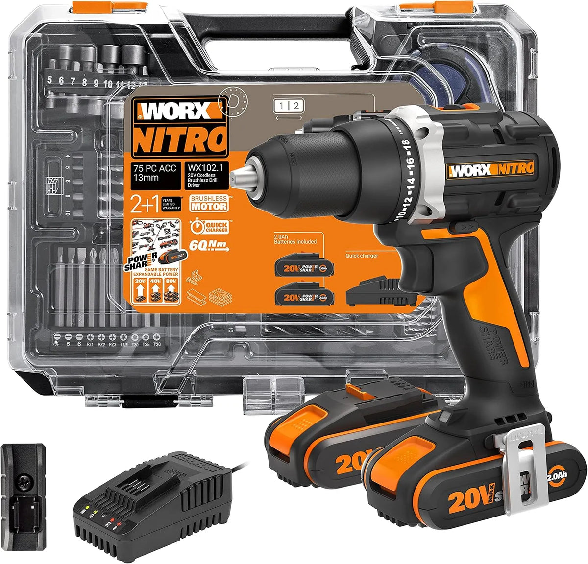 WORX NITRO WX102 Trapano avvitatore per forare e fissare rapidamente durante il montaggio e trapano elettrico: a batteria, motore brushless, 20V