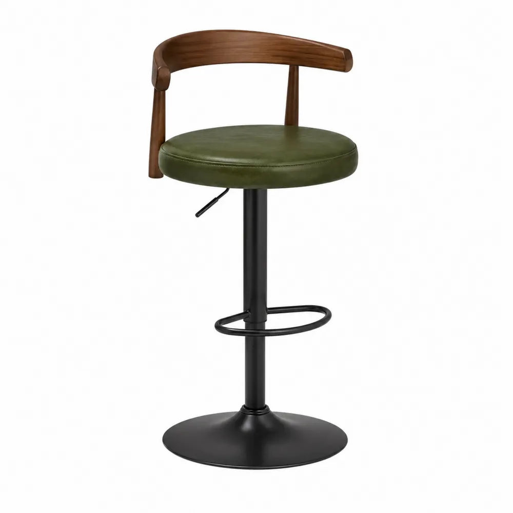 Sgabello da bar regolabile girevole con schienale in legno seduta imbottita in similpelle verde struttura in acciaio nero con base e poggiapiedi 45 x 45 x 85-105 cm