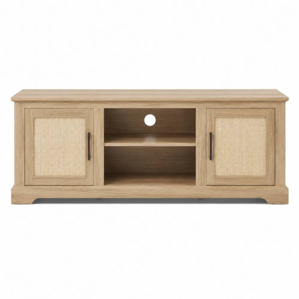 Mobile TV in legno effetto rovere con ante in rattan naturale e vani aperti colore rovere bianco rattan dimensioni 160 cm 40 cm 55 cm