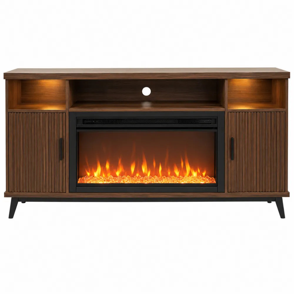 Mobile TV con camino elettrico 180 cm x 40 cm x 55 cm rivestimento effetto noce scuro struttura in legno ingegnerizzato MDF e metallo nero con illuminazione LED
