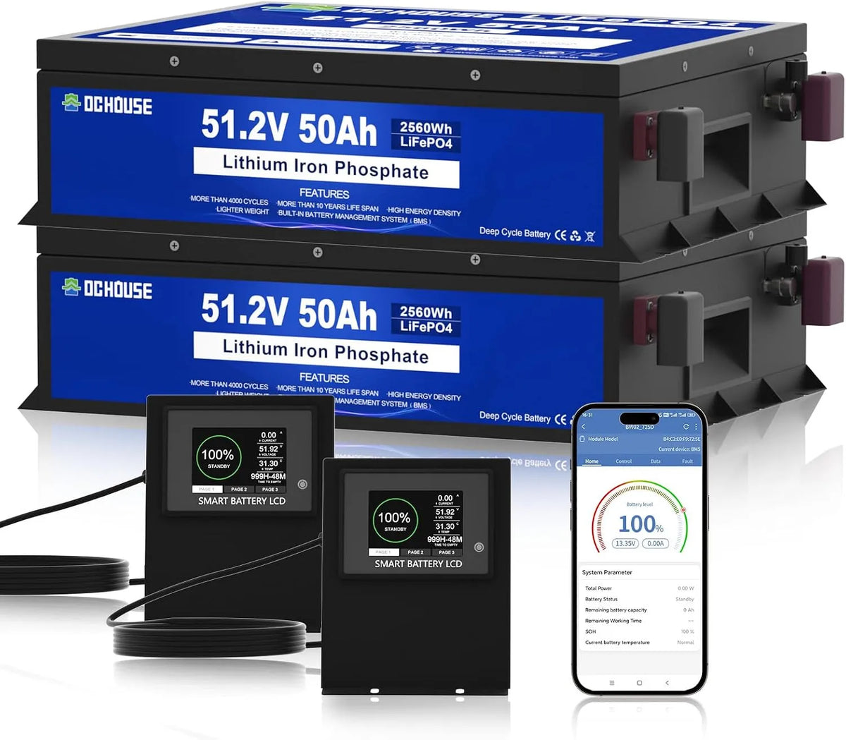 LiFePO4 Batteria al litio LiFePO4 e batteria solare a ciclo profondo, 100Ah, alimentazione solare, con BMS, con Bluetooth, 50Ah, 48V