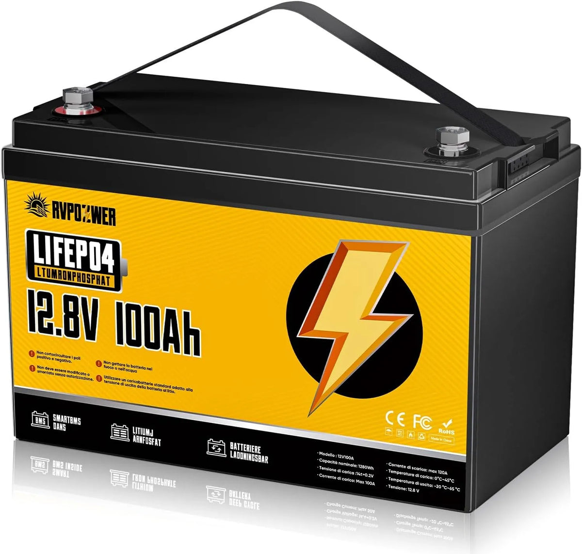 LiFePO4 Batteria al litio LiFePO4 e batteria solare a ciclo profondo, con BMS, 100Ah, 1280Wh, 12V, per campeggio e camper