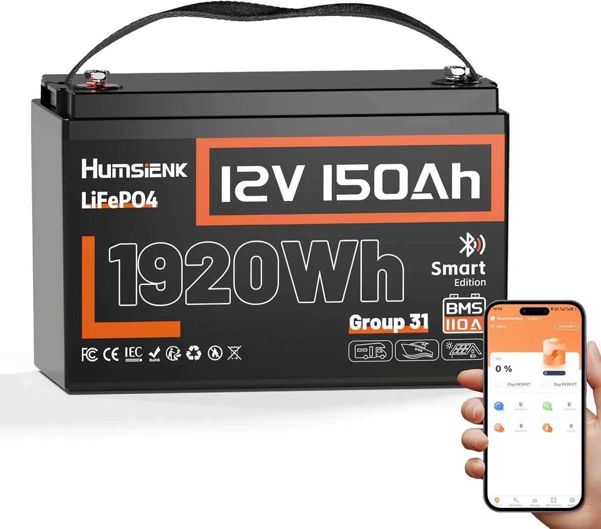 LiFePO4 Batteria al litio LiFePO4 e batteria solare a ciclo profondo, 150Ah, 1650Wh, per campeggio e camper, con BMS, con Bluetooth, 12V