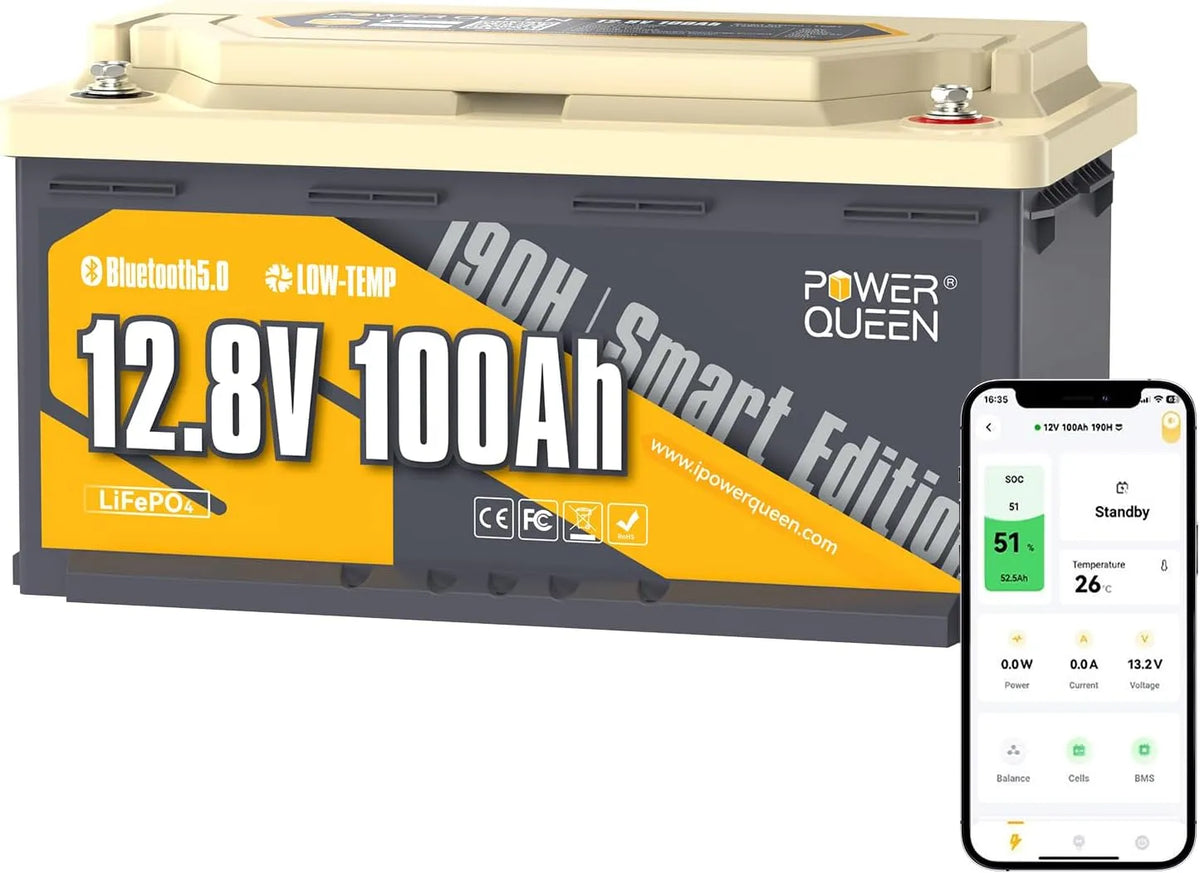 H190 Batteria al litio LiFePO4 e batteria solare a ciclo profondo, 100Ah, 12V, alimentazione solare, con BMS, con Bluetooth