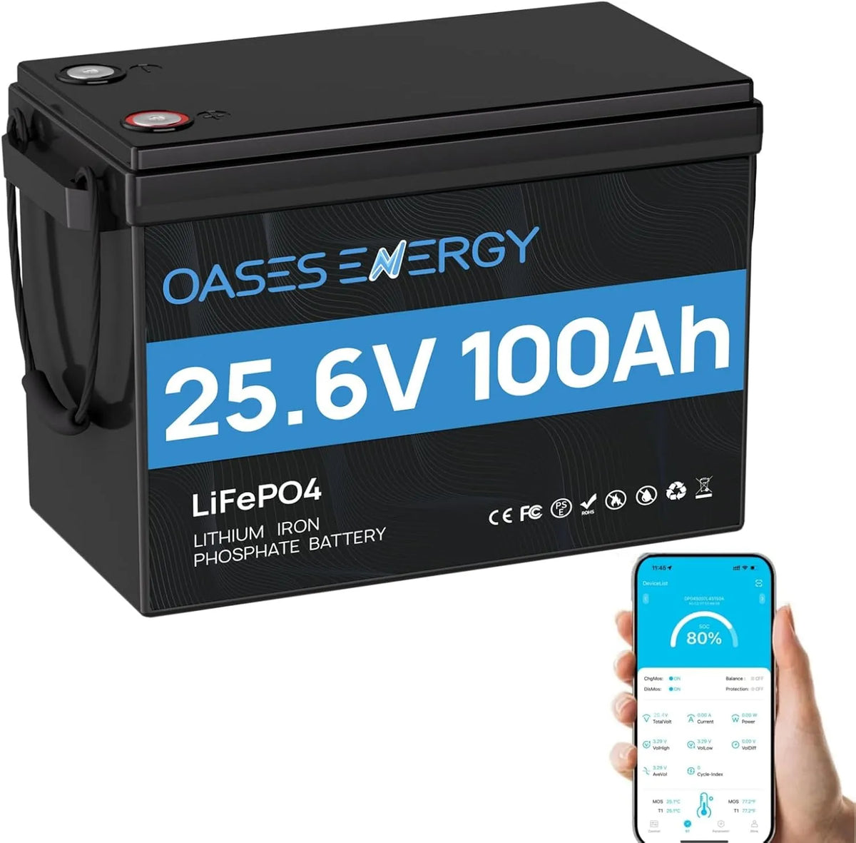 Lifepo4 Batteria al litio LiFePO4 e batteria solare a ciclo profondo, 100Ah, 24V, alimentazione solare, con BMS, con Bluetooth, per campeggio e camper