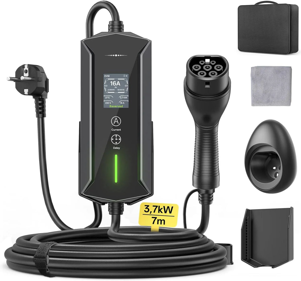 Cavo di ricarica Tipo 2 per auto elettrica e cavo EV Mode 3, 3,7 kW, 16 A, 7 m, IP65, con display digitale, presa Schuko