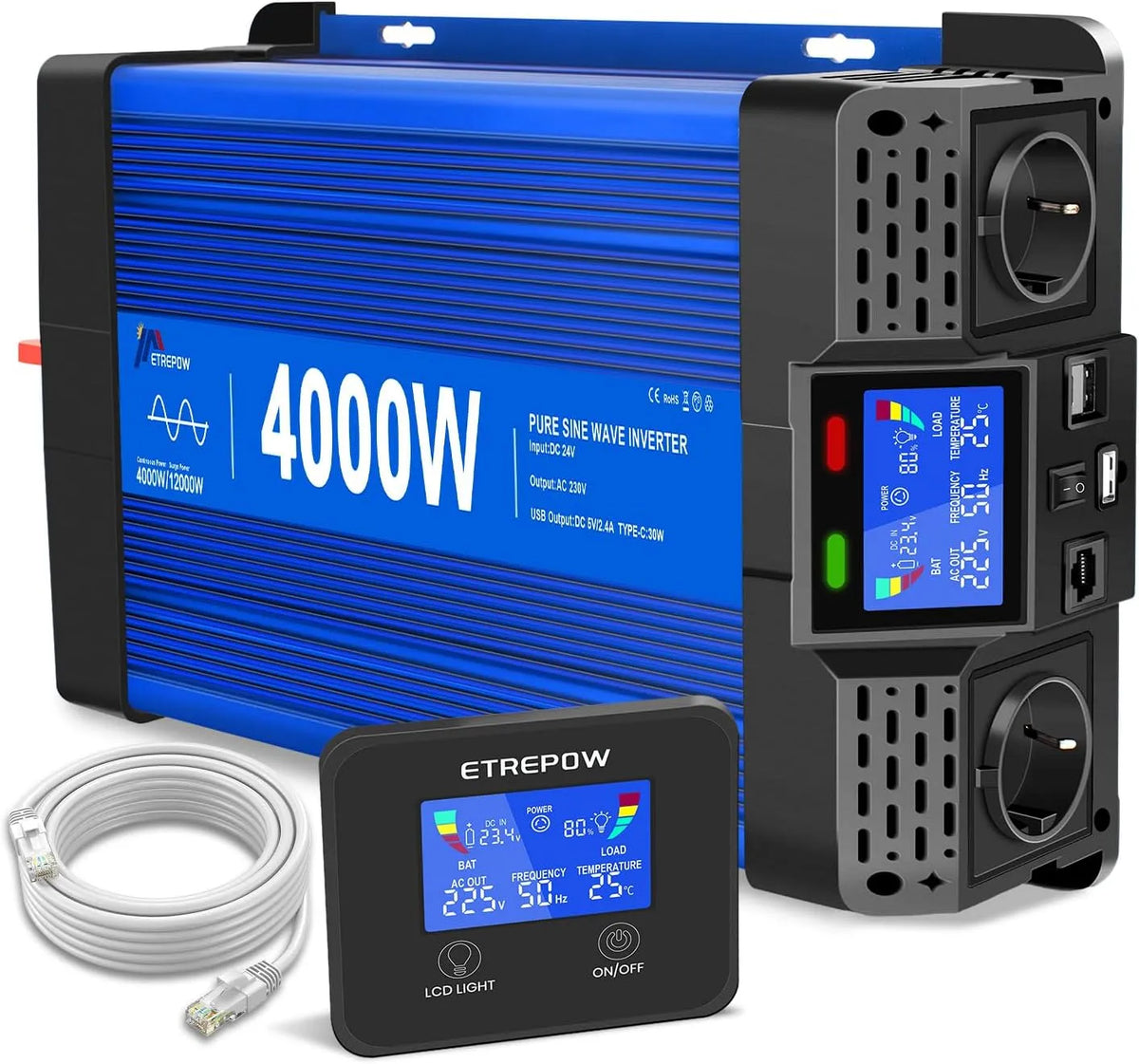 Inverter CC-CA e convertitore di tensione, 4000W, 24V, per campeggio e camper, onda sinusoidale pura, 220V